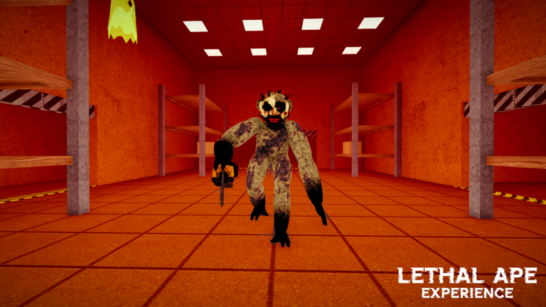 Red-lit storage room with the Lethal Ape monster