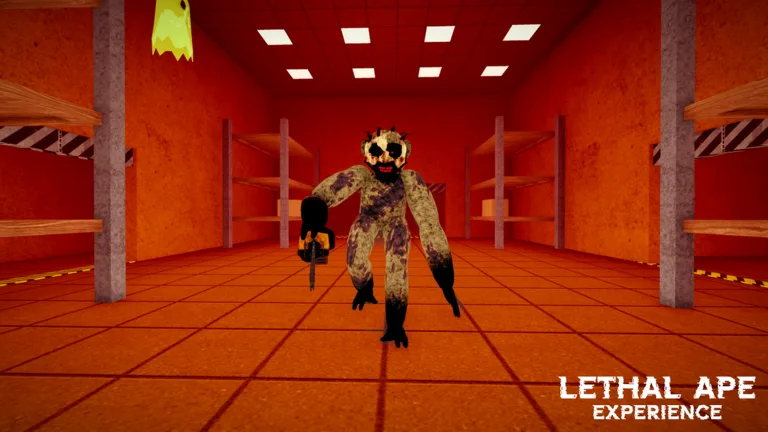 Ape monster in a red-lit storage room