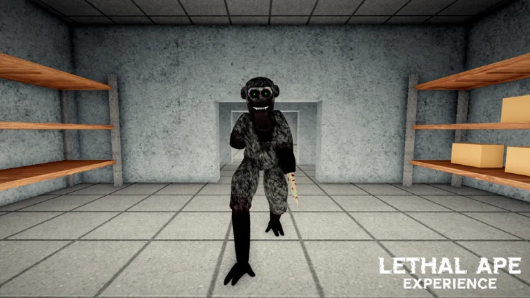 Green-eyed ape monster standing between storage shelves